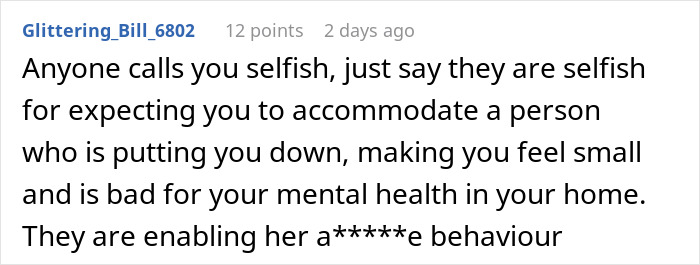 Screenshot of an online comment addressing a woman refusing to let her homeless sister-in-law move in.