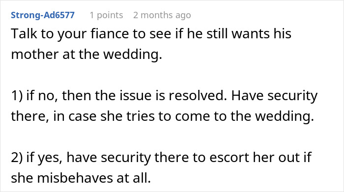 Text advice about handling mother-in-law&rsquo;s secret wedding invites, discussing security measures at wedding to protect family image.