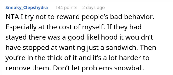 Comment discussing entitled mother causing scene after being denied food at private party, highlighting bad behavior consequences. Comment discussing entitled mother causing scene after being denied food at private party, highlighting bad behavior consequences.