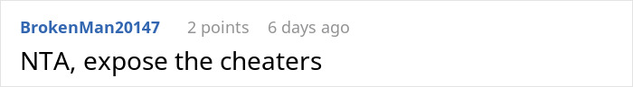Screenshot of a Reddit comment stating NTA and urging to expose the cheaters in a relationship conflict.