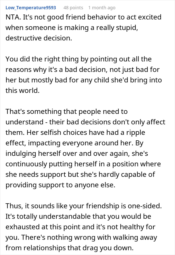 Comment discussing irresponsible friend making bad decisions and bestie&rsquo;s reaction to pregnancy news in online forum.