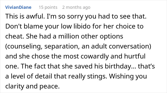 Comment expressing sympathy about husband refusing intimacy for 5 years and wife finding someone 5 years younger.