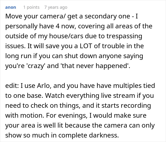 Comment with advice on using multiple security cameras to prevent trespassing and record incidents on a property.