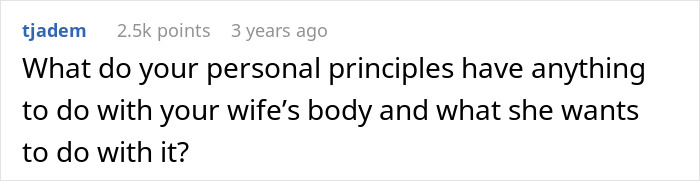 Screenshot of a user comment questioning personal principles related to refusing help to recover from cosmetic surgery.