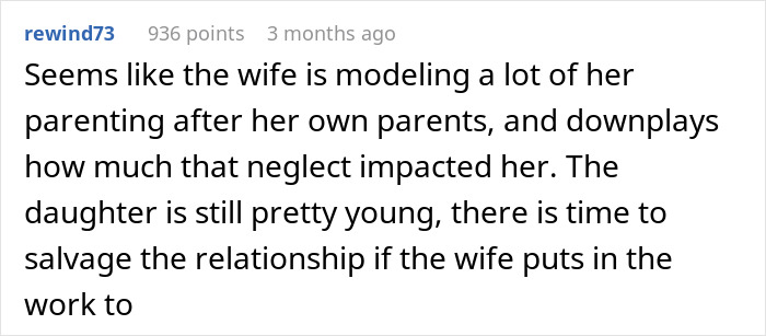 Comment discussing a wife neglecting parenting, feeling like a single parent, and prioritizing work over family relationships.