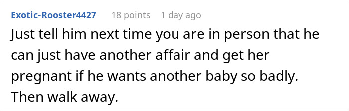 Screenshot of a forum comment discussing a cheating husband furious at ex-wife over mistress infertility and relationship conflicts. Screenshot of a forum comment discussing a cheating husband furious at ex-wife over mistress infertility and relationship conflicts.