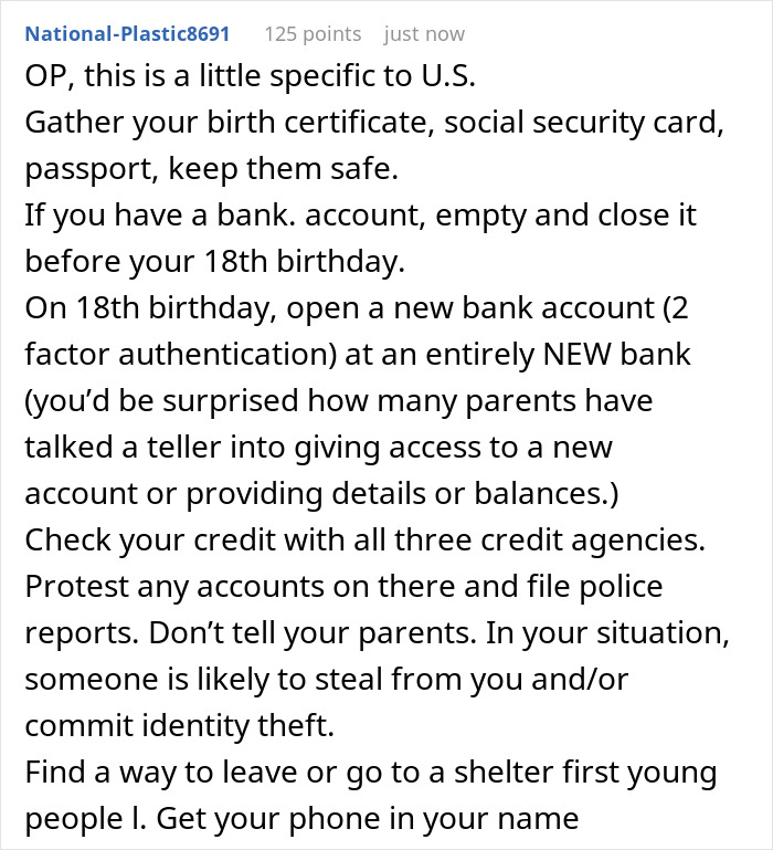 Text advice on protecting identity and finances from a golden child brother entitled to free meals and family conflict.