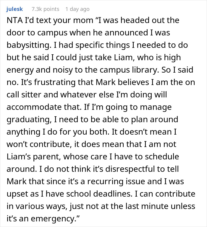 Screenshot of a detailed Reddit comment discussing frustration over being treated as a free babysitter for a girlfriend&rsquo;s son.