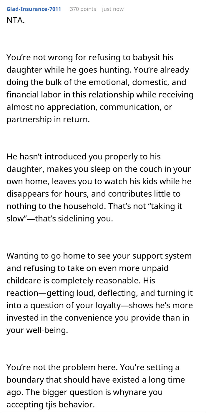Commenter explains refusing to babysit fianc&eacute;&rsquo;s daughter while he goes hunting is reasonable due to unfair emotional labor.