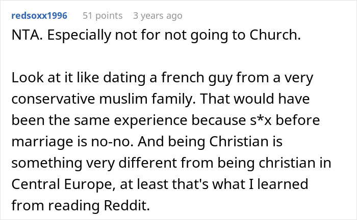 Reddit comment discussing MIL making son's girlfriend sleep separately over not praying or attending church.