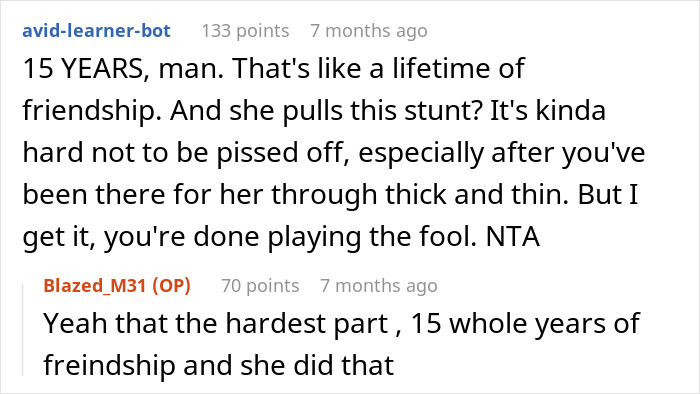 Text conversation about a guy failing to pass a lady's unexpected loyalty test in their longtime friendship.