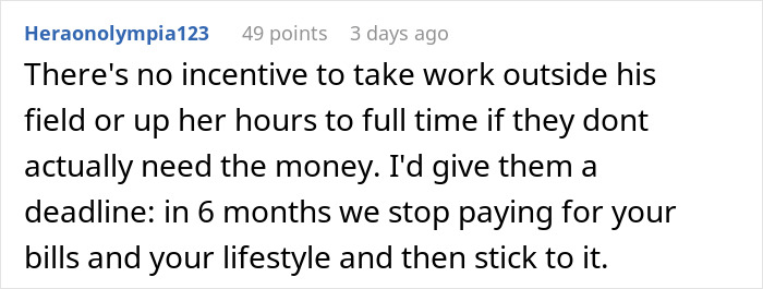 Comment about setting a deadline for stopping financial support to encourage responsibility in husband retirement children finances.