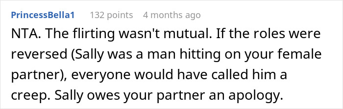 Screenshot of online comment discussing a polyamorous woman making a pass at a taken guy and his girlfriend confronting her.