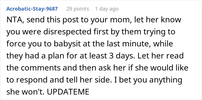 Comment on Reddit explaining frustration over being treated as a free babysitter by girlfriend's son.
