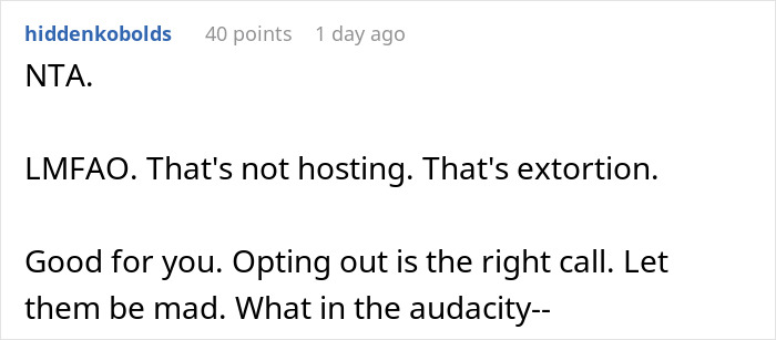 User refusing to bring expensive food for Thanksgiving, discussing opting out and calling the demand extortion in a text comment.