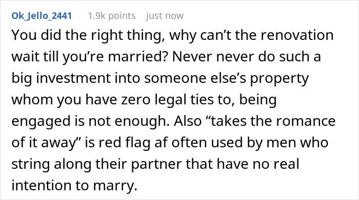 Screenshot of online comment discussing GF refusing to finance BF&rsquo;s $100k renovation without a ring, seen as marriage transaction.