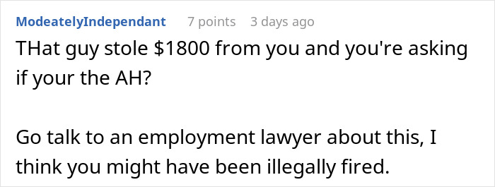 Comment discussing $1.8K office chair dispute and suggesting legal advice about possible wrongful termination. Comment discussing $1.8K office chair dispute and suggesting legal advice about possible wrongful termination.