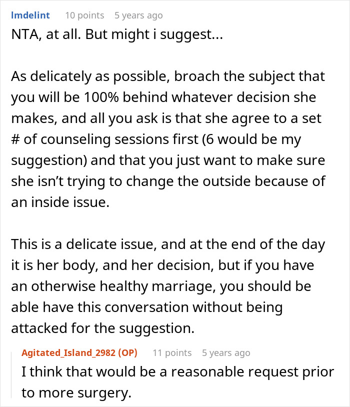 Woman asking husband about his feelings on her plastic surgeries, revealing his unexpected brutal honesty.