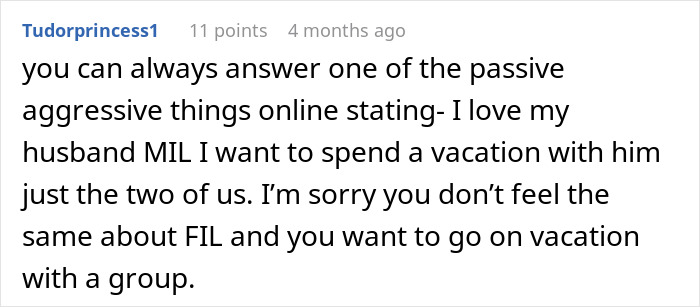 Text post from Tudorprincess1 discussing MIL wanting to join a couple on their vacation but leading to being outplayed.