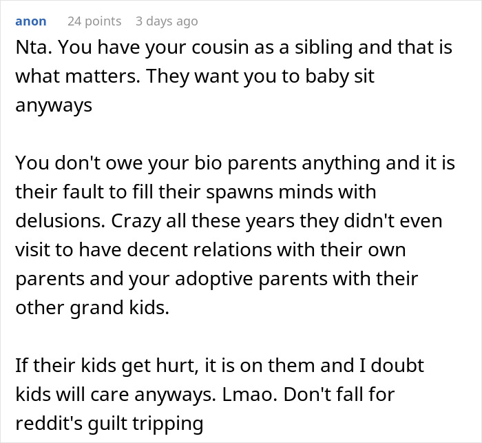 Reddit comment discussing parents wanting abandoned son to play happy family with siblings after years of silence and neglect.