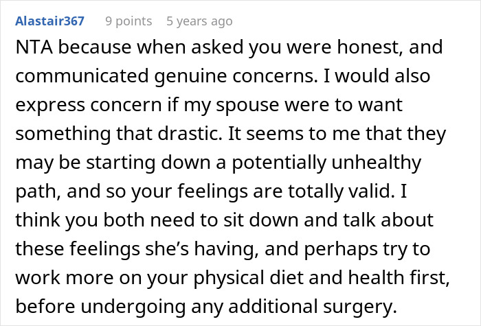 Screenshot of a forum comment discussing honesty and concerns about plastic surgeries in a marriage conversation.