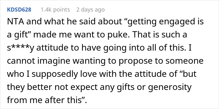 Reddit comment criticizing man who thinks proposal counts as a Christmas gift, highlighting attitude and generosity issues.