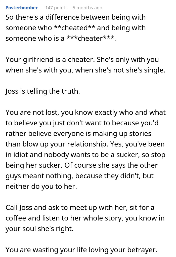 Comment discussing differences between cheating and cheater, with claims of betrayal and relationship trust issues. Comment discussing differences between cheating and cheater, with claims of betrayal and relationship trust issues.
