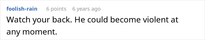 Screenshot of an online comment warning about a toxic ex and potential violent threats in a discussion thread.