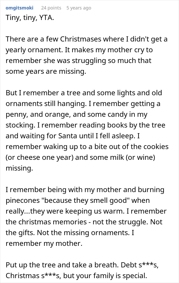 Comment reflecting on Christmas memories despite financial struggles and a father wanting to cancel Christmas.