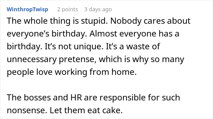 Comment about coworkers ghosting birthday organizer and causing no birthdays in workplace Venmo group chat.