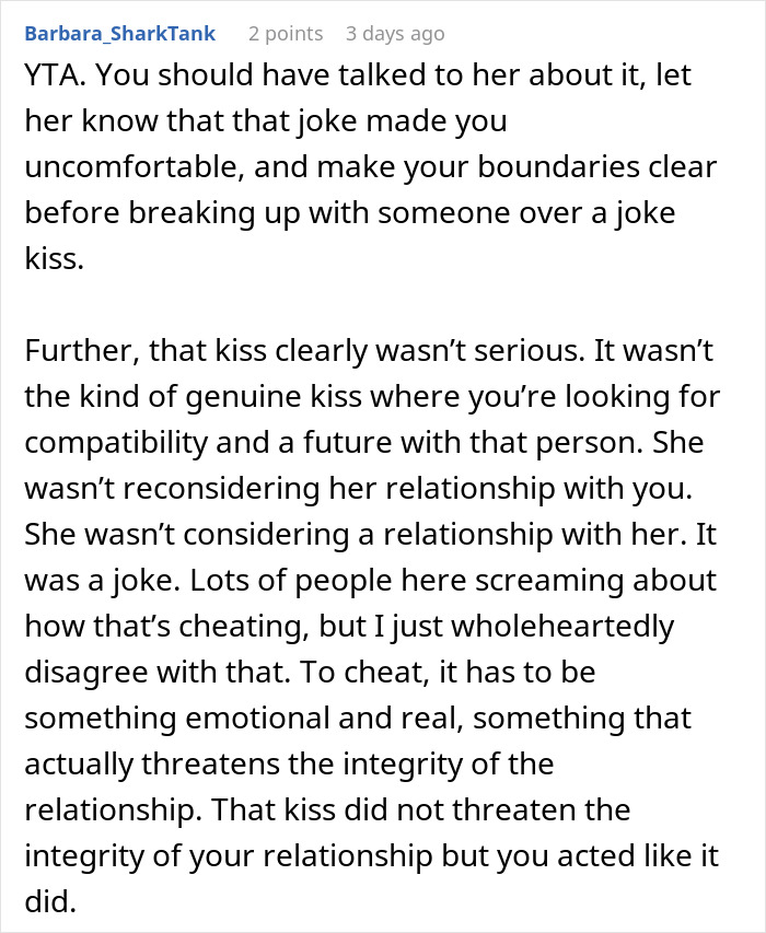 Screenshot of an online discussion about a girlfriend kissing another woman in front of friends and relationship boundaries.
