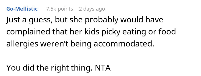 Commenter explaining an entitled mother raising hell after being denied food at a private party. Commenter explaining an entitled mother raising hell after being denied food at a private party.