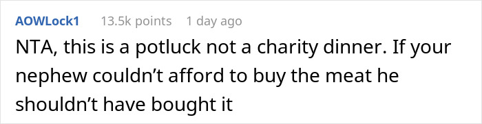 Screenshot of a Reddit comment discussing refusing to bring expensive food to a Thanksgiving potluck event.