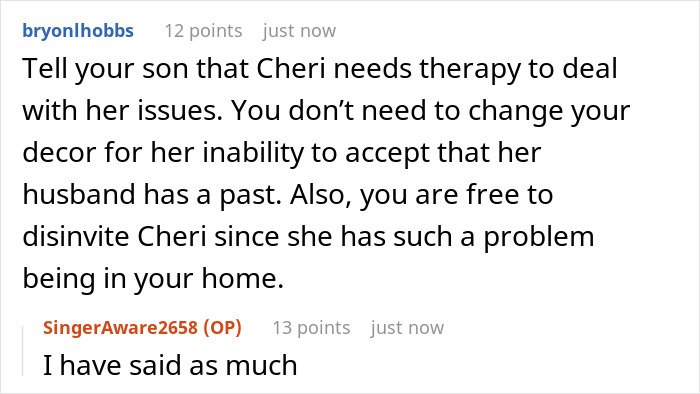 Comment discussing a jealous wife upset about photos of her husband's ex in his mom&rsquo;s house, demanding removal.