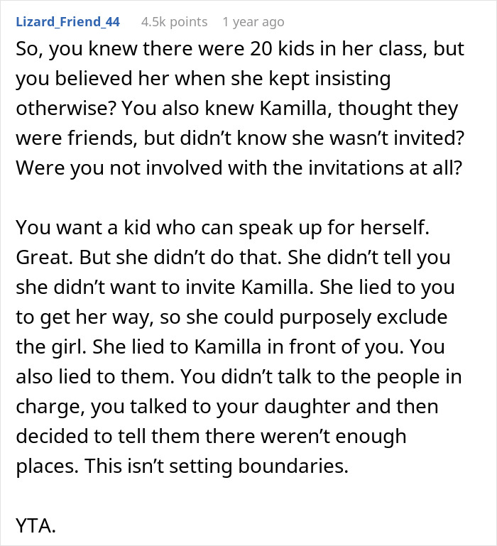 Reddit comment discussing a 13YO refusing to invite one girl from school and the mom supporting the decision.