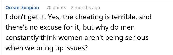 Screenshot of an online comment discussing issues of intimacy and trust in a troubled marriage situation.