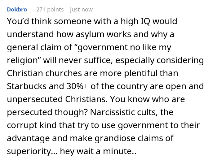 Comment criticizing the South Korean man labeled world&rsquo;s smartest for misunderstanding US asylum rules and persecution claims.