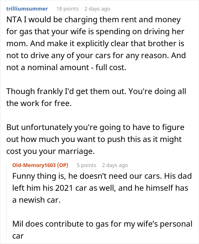 Text conversation about a man supporting his in-laws and conflict over his wife being cut out of the will by MIL.