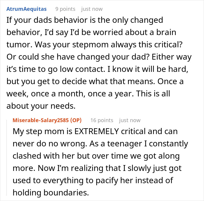 Reddit conversation about toxic dad&rsquo;s behavior and its impact on family, with mentions of critical stepmom and personal boundaries.