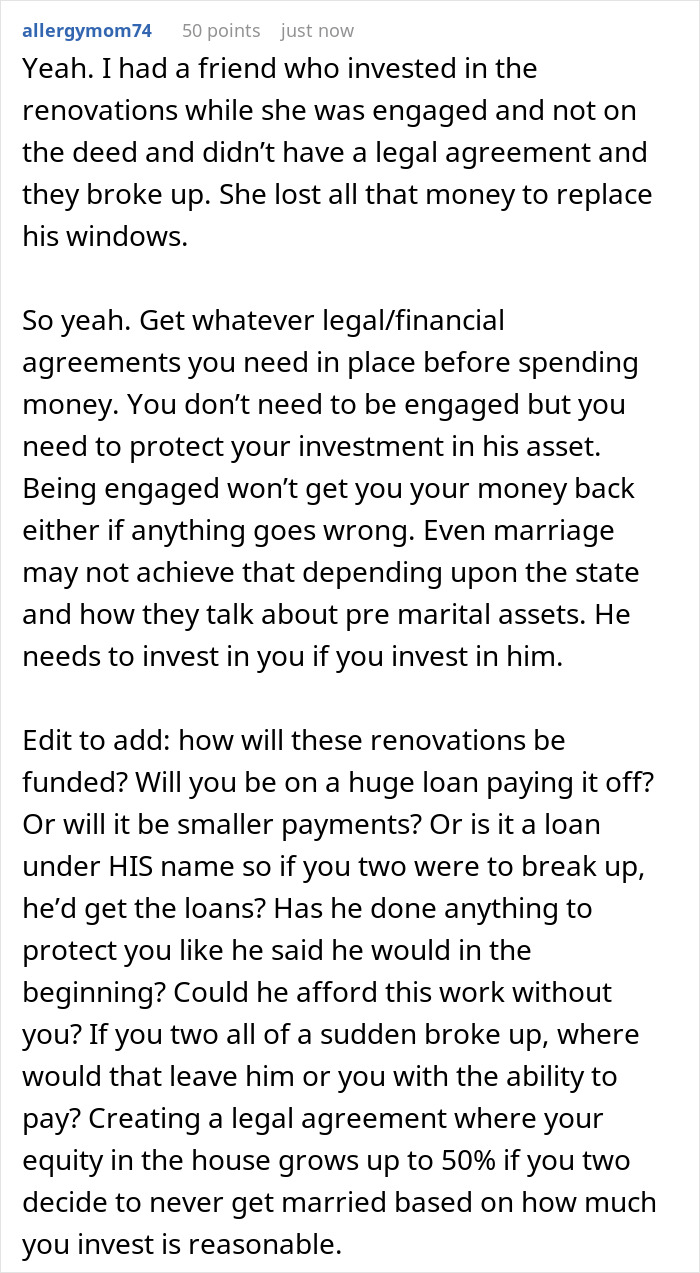 Comment discussing boyfriend-girlfriend renovation financing conflict and issues of marriage seen as a transaction.