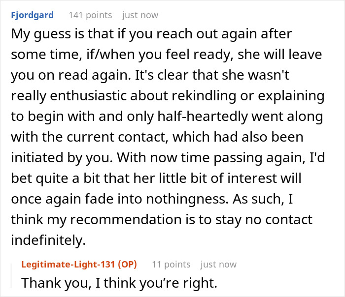 Reddit user explains why best friend no contact returns may lead to fading interest and recommends staying no contact indefinitely.