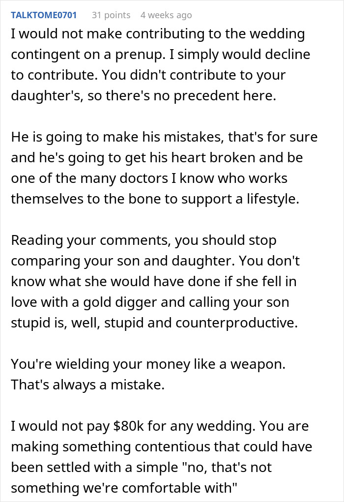 Commenter discusses $80,000 wedding demand and wealthy in-laws asking for a prenup in a family dispute.