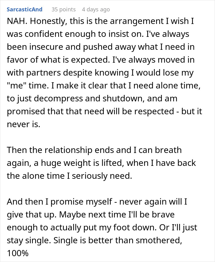 Text post from Reddit user SarcasticAnd explaining struggles with needing alone time in relationships, related to pregnant gf refusing move together.