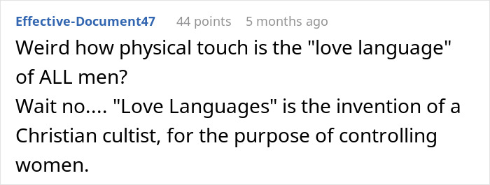 Comment discussing how physical touch as a love language may be used to control women, related to man treating wife like servant.
