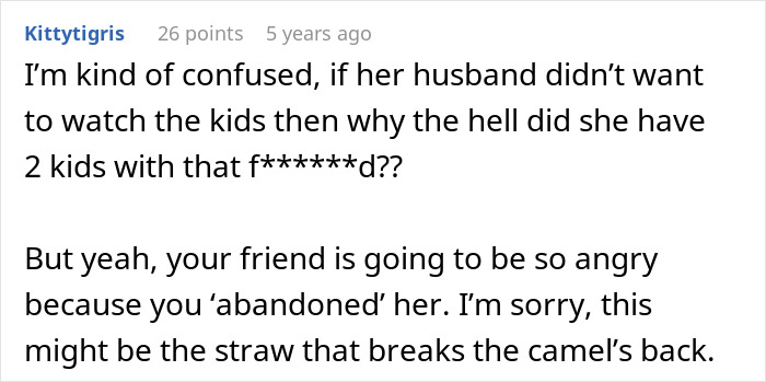 Screenshot of a Reddit comment discussing a friend not understanding why she can't bring her clingy children on vacation.