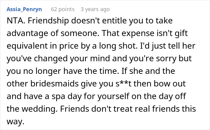 Screenshot of an online comment about a bride wanting to upgrade her honeymoon at bridesmaid&rsquo;s expense and facing criticism.