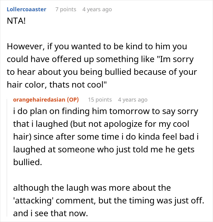 Screenshot of an online discussion about dyeing hair orange and the related classmate drama involving bullying and apologies.