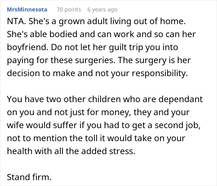 Reddit comment advising against paying for daughter's surgeries, emphasizing financial responsibility and family support.