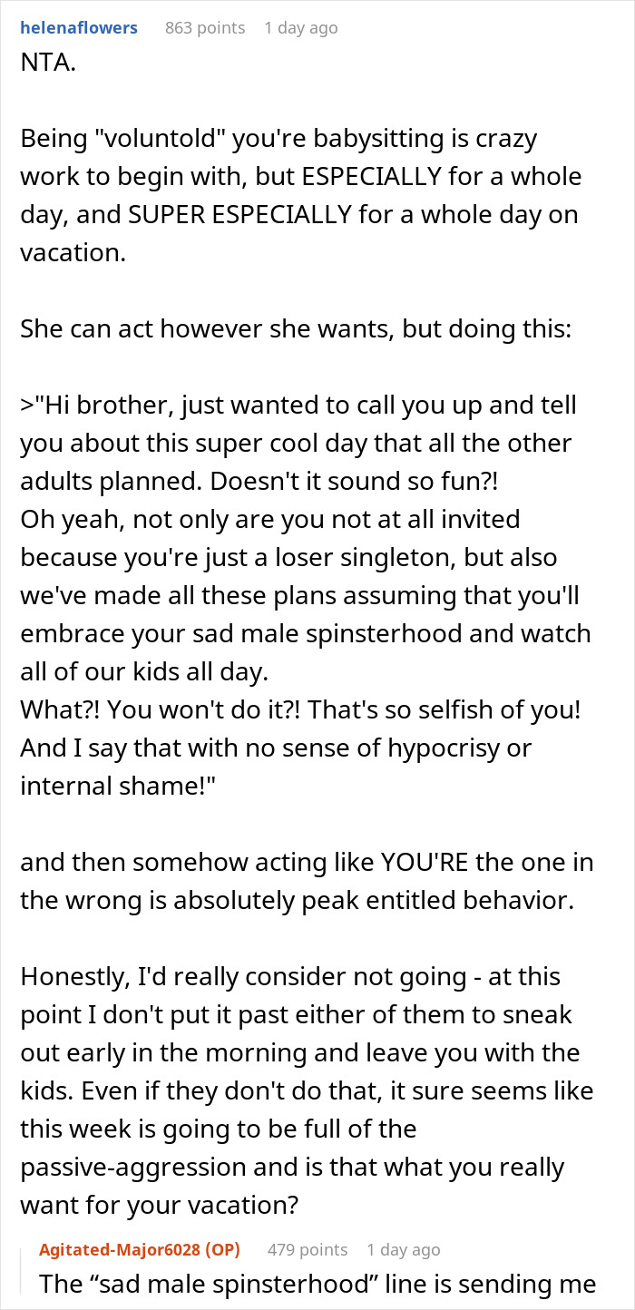 Screenshot of a Reddit discussion about refusing babysitting on vacation and being called selfish for having a life.