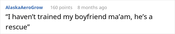 Comment reading I haven&rsquo;t trained my boyfriend ma&rsquo;am, he&rsquo;s a rescue, related to Disneyland security questions about service dog use by disabled woman.